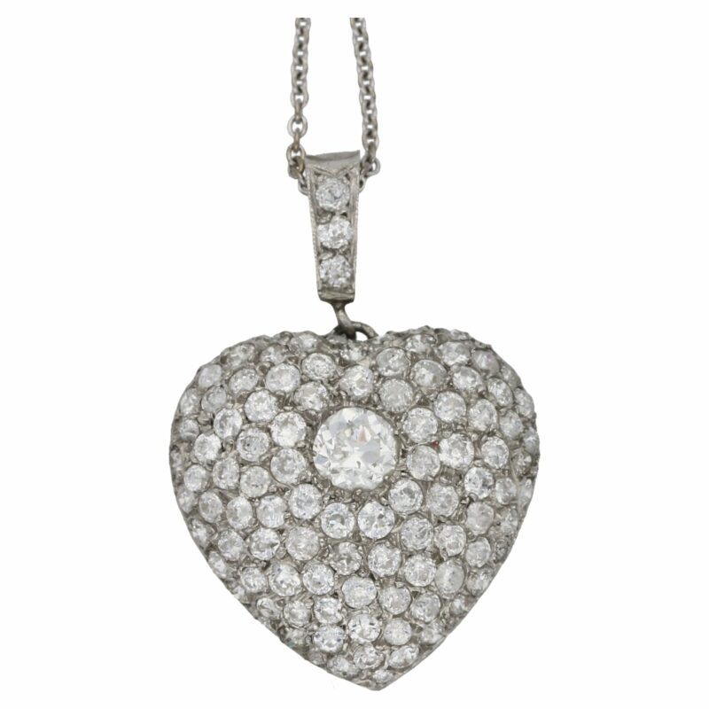 Edwardian pave set diamond heart pendant on chain