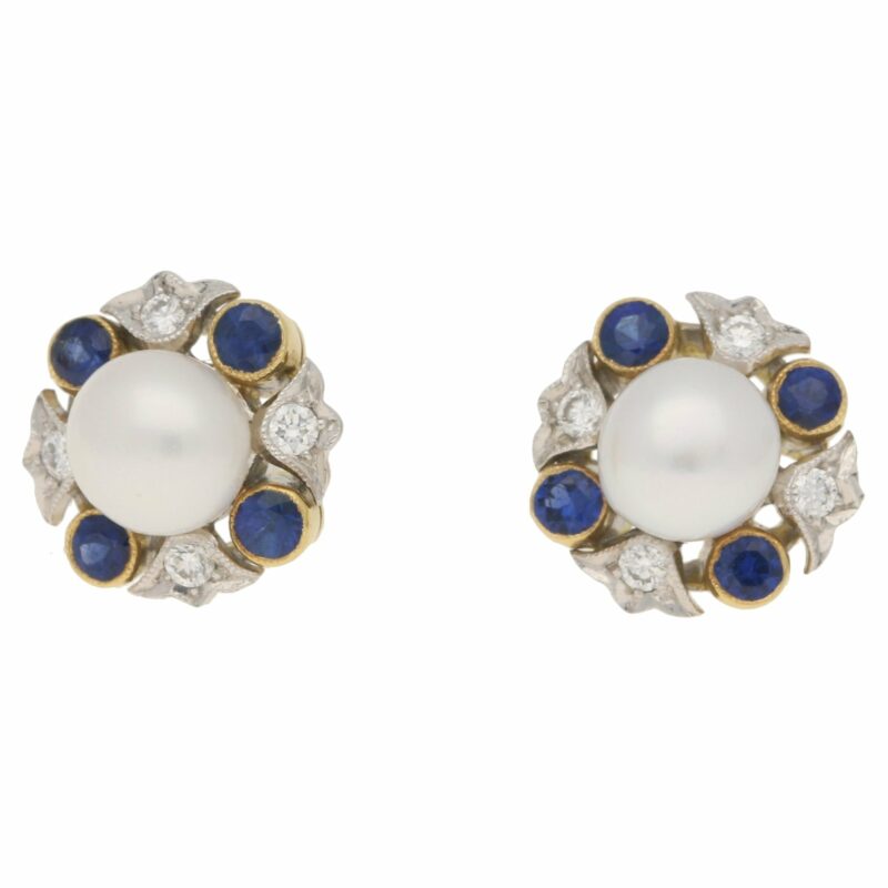 18ct gold pearl, sapphire and diamond cluster earrings