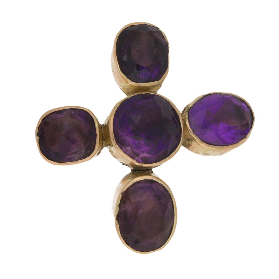 Antique Amethyst Cross Brooch in Yellow Gold