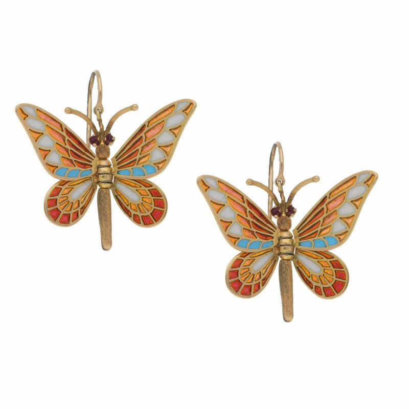 Butterfly Enamel Drop Earrings in Yellow Gold