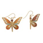 Butterfly Enamel Drop Earrings in Yellow Gold