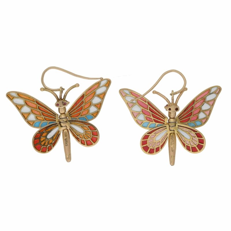 Butterfly Enamel Drop Earrings in Yellow Gold