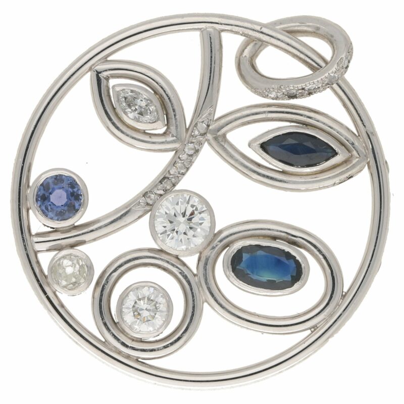 Modern Sapphire and Diamond Circular Foliate Pendant White Gold