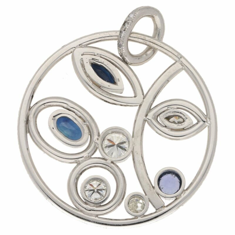 Modern Sapphire and Diamond Circular Foliate Pendant White Gold