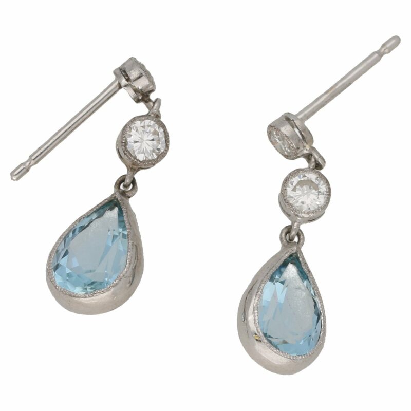 Aquamarine and Diamond Drop Earrings in White Gold