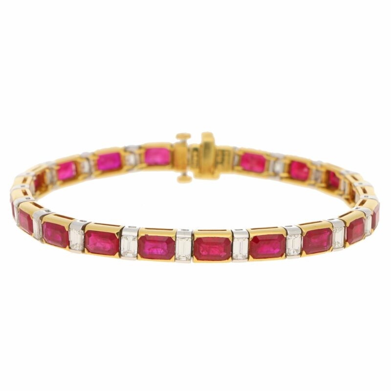 Ruby and Diamond Line Bracelet in Yellow Gold and Platinum