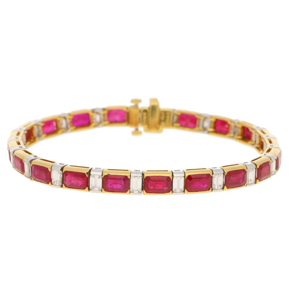 Ruby and Diamond Line Bracelet in Yellow Gold and Platinum