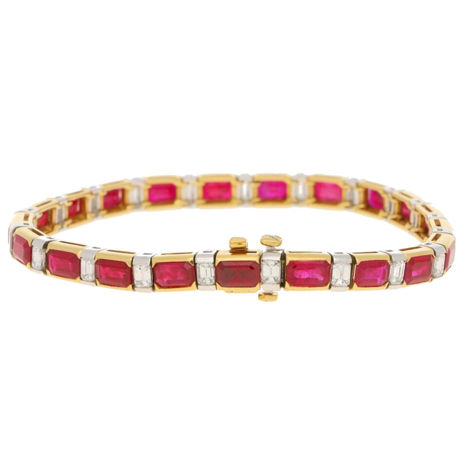 Ruby and Diamond Line Bracelet in Yellow Gold and Platinum