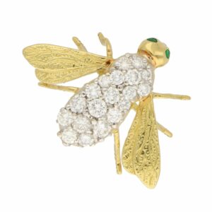 Vintage Diamond and Emerald Fly Brooch in Yellow and White Gold