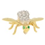 Vintage Diamond and Emerald Fly Brooch in Yellow and White Gold