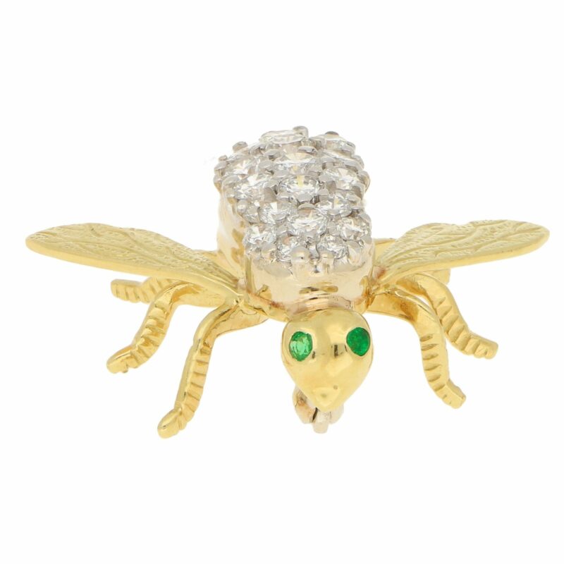 Vintage Diamond and Emerald Fly Brooch in Yellow and White Gold