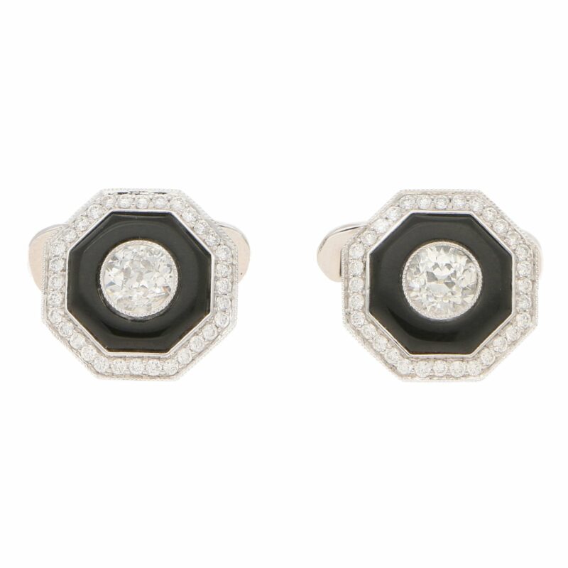 Art Deco-Style Diamond and Onyx Target Cufflinks in Platinum