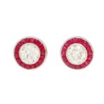 Art Deco-Style Diamond and Ruby Target Earrings in Platinum