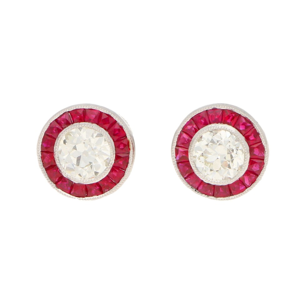 Art Deco-Style Diamond and Ruby Target Earrings in Platinum