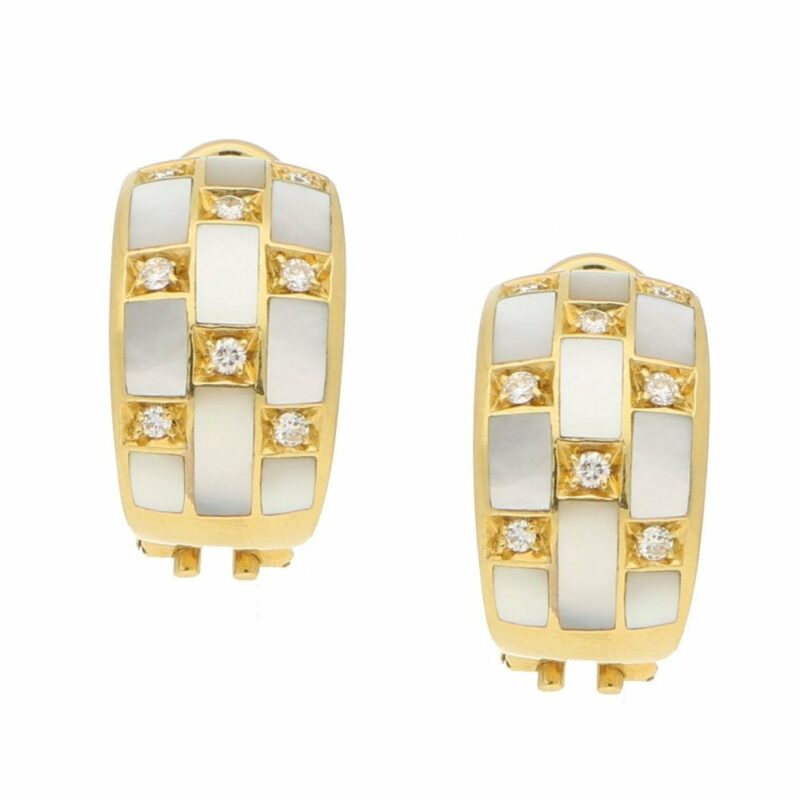 Italian Mother-of-Pearl and Diamond Hoop Earrings in Yellow Gold