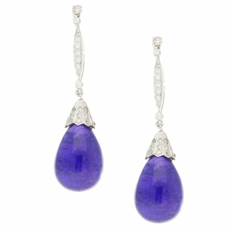 Cabochon Tanzanite and Diamond Drop Earrings in White Gold