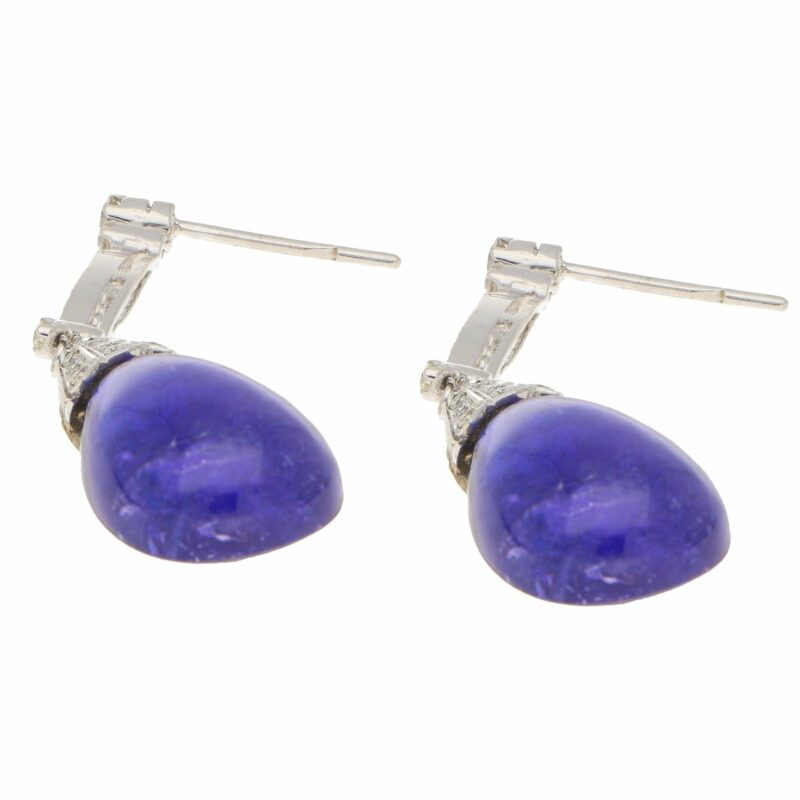 Cabochon Tanzanite and Diamond Drop Earrings in White Gold