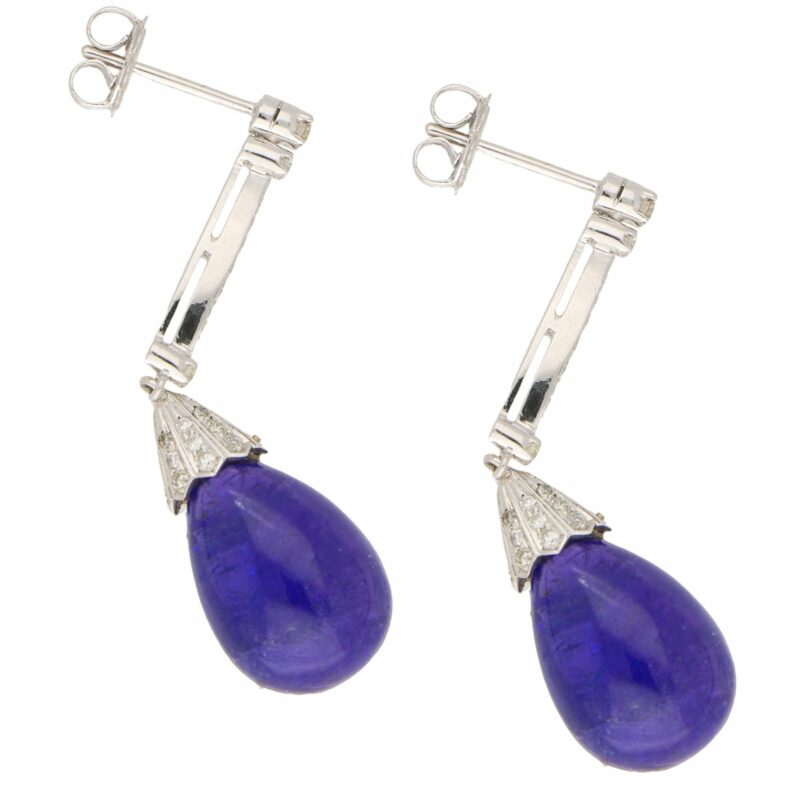 Cabochon Tanzanite and Diamond Drop Earrings in White Gold