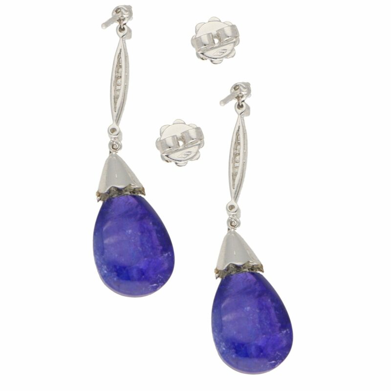 Cabochon Tanzanite and Diamond Drop Earrings in White Gold