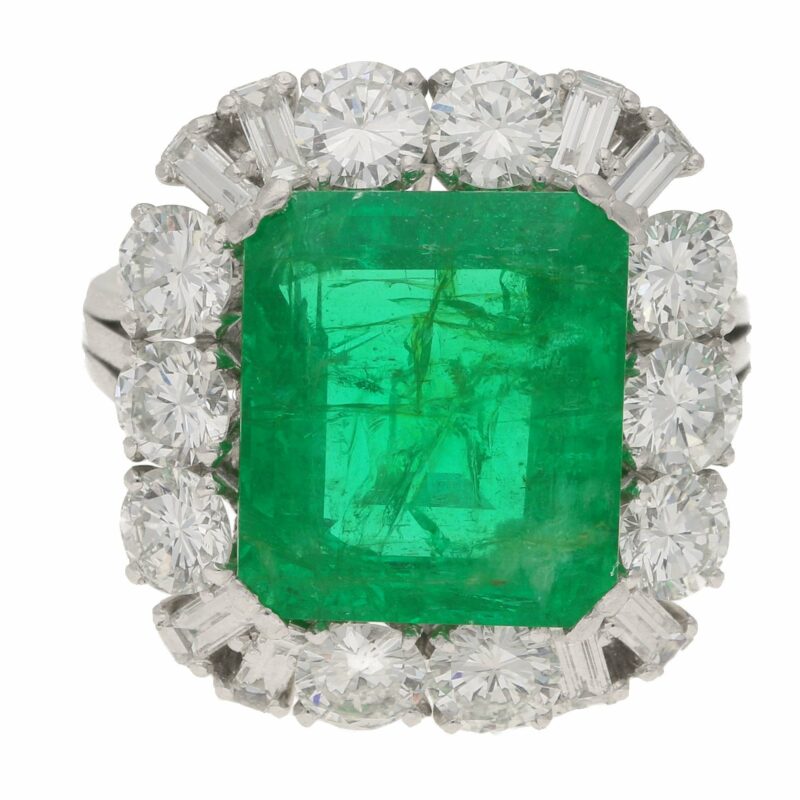 7.70ct Zambian Emerald and Diamond Cluster Cocktail Ring, 1960s