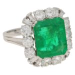 7.70ct Zambian Emerald and Diamond Cluster Cocktail Ring, 1960s