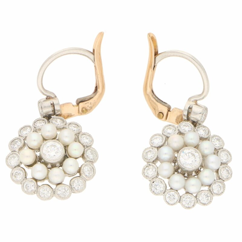 Pearl and Diamond Lever-Back Cluster Earrings