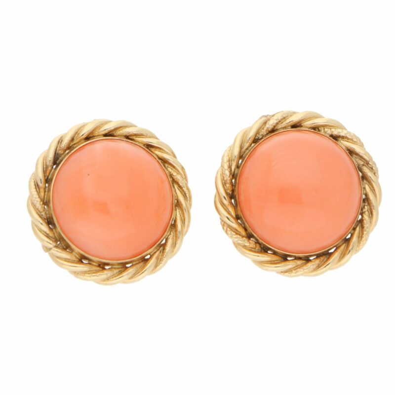 Orangy-Pink Coral Stud Earrings in Yellow Gold