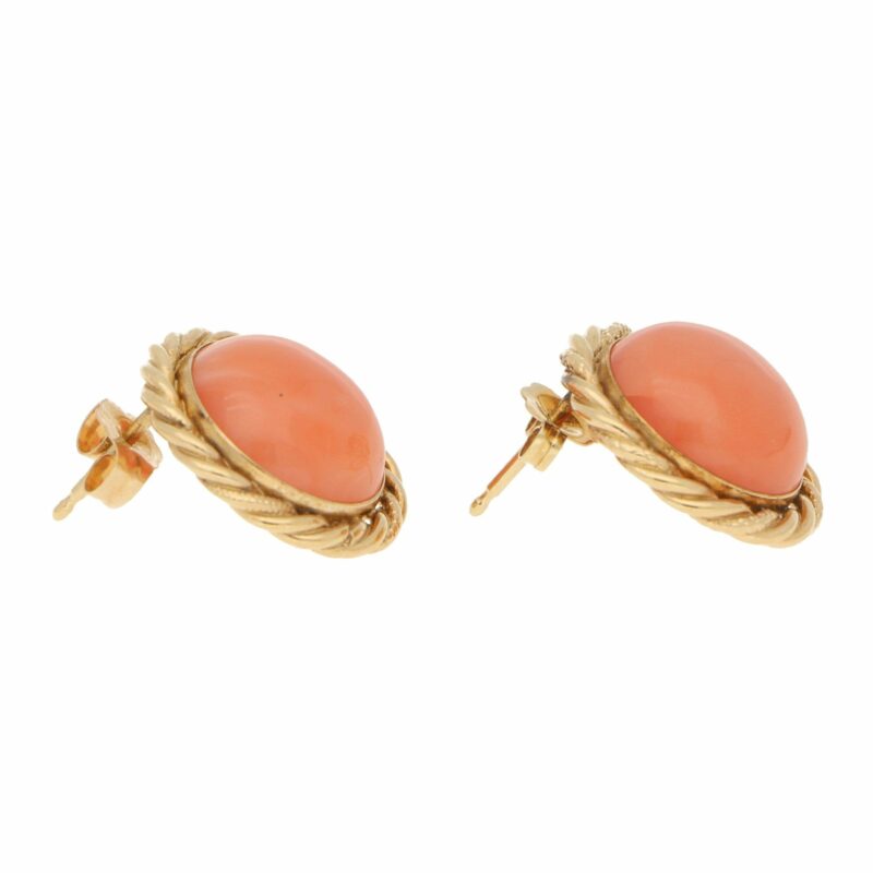 Orangy-Pink Coral Stud Earrings in Yellow Gold