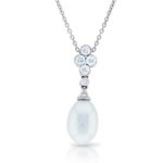 18ct white gold pearl and diamond drop pendant