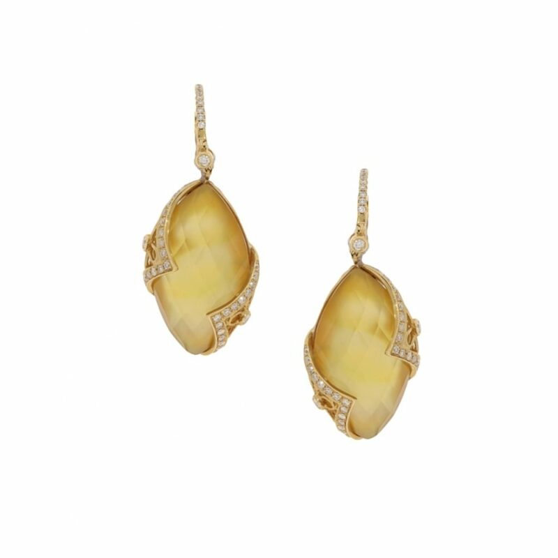 Lemon quartz and diamond drop earrings in yellow gold