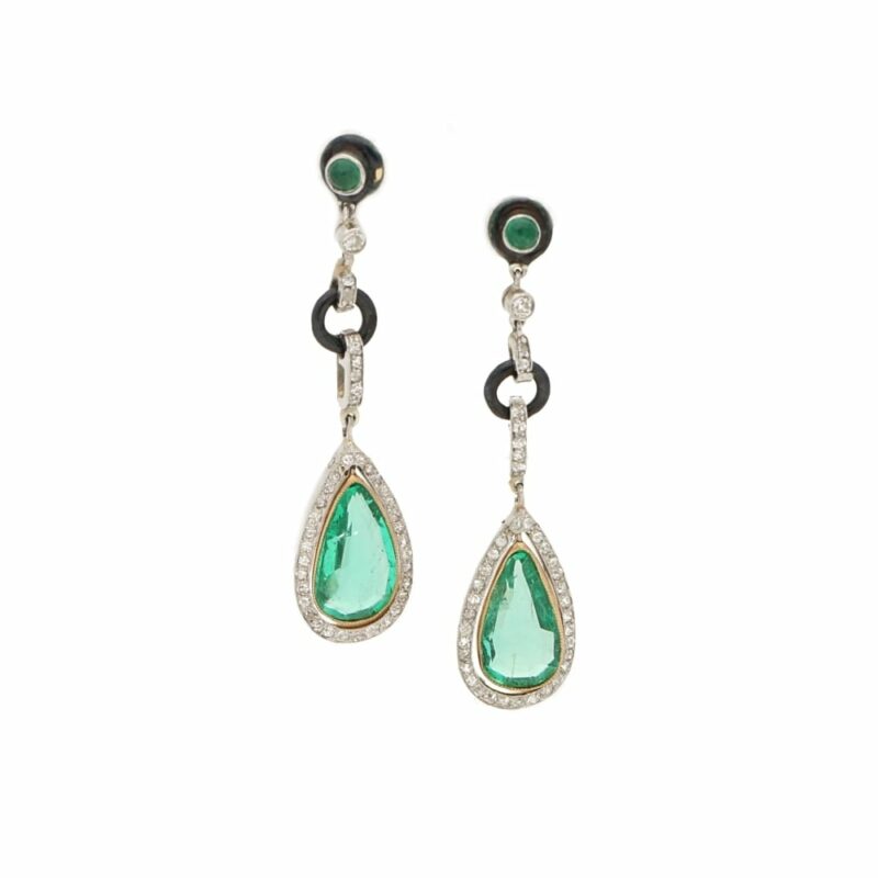 Art Deco Colombian Emerald, Diamond, and Enamel Drop Earrings