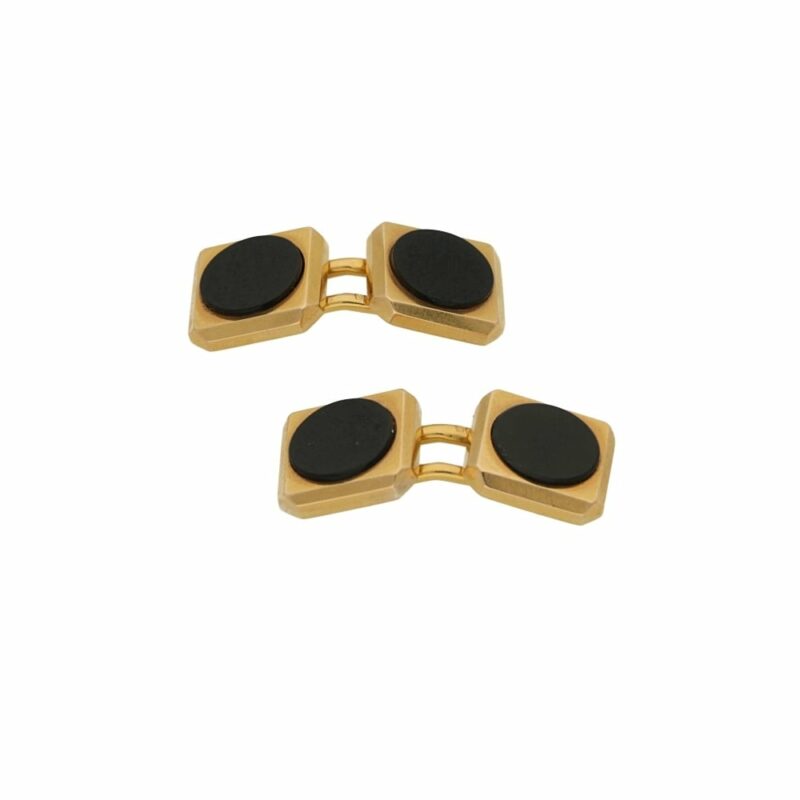 Art Deco Onyx Cufflinks in Yellow Gold and Plated Silver, French