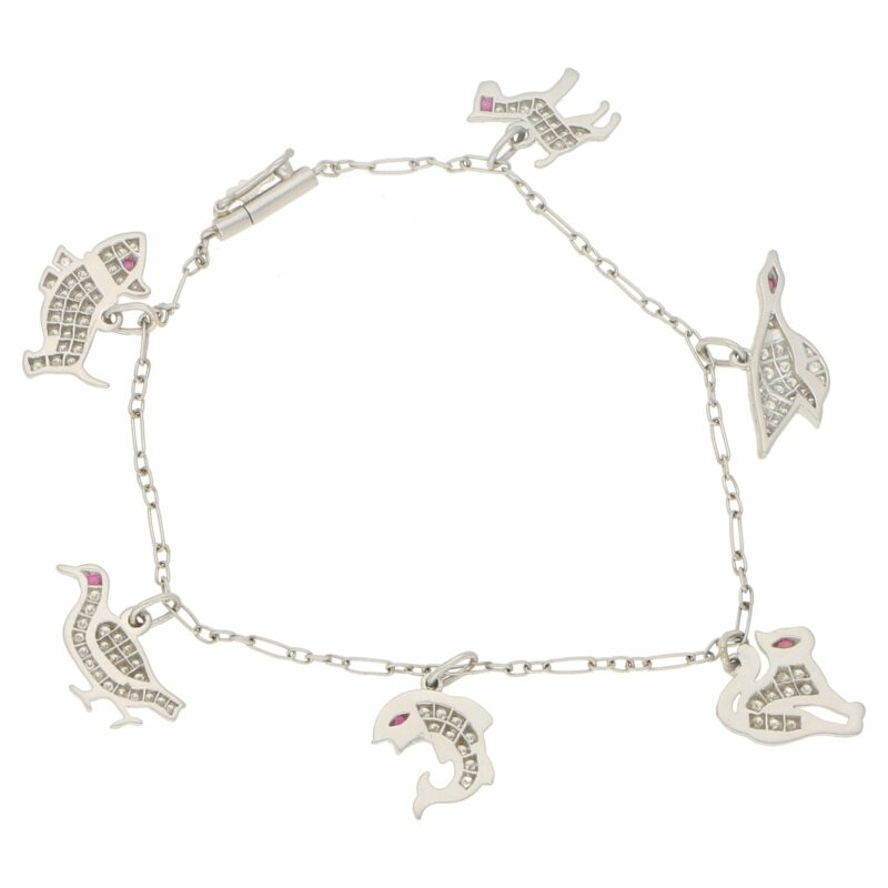 1950s Diamond and Ruby Animal Charm Bracelet Set in Platinum