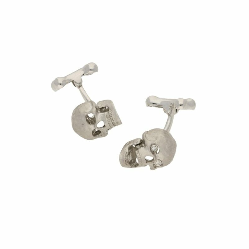 18k white gold skull swivel back cufflinks with diamond eyes