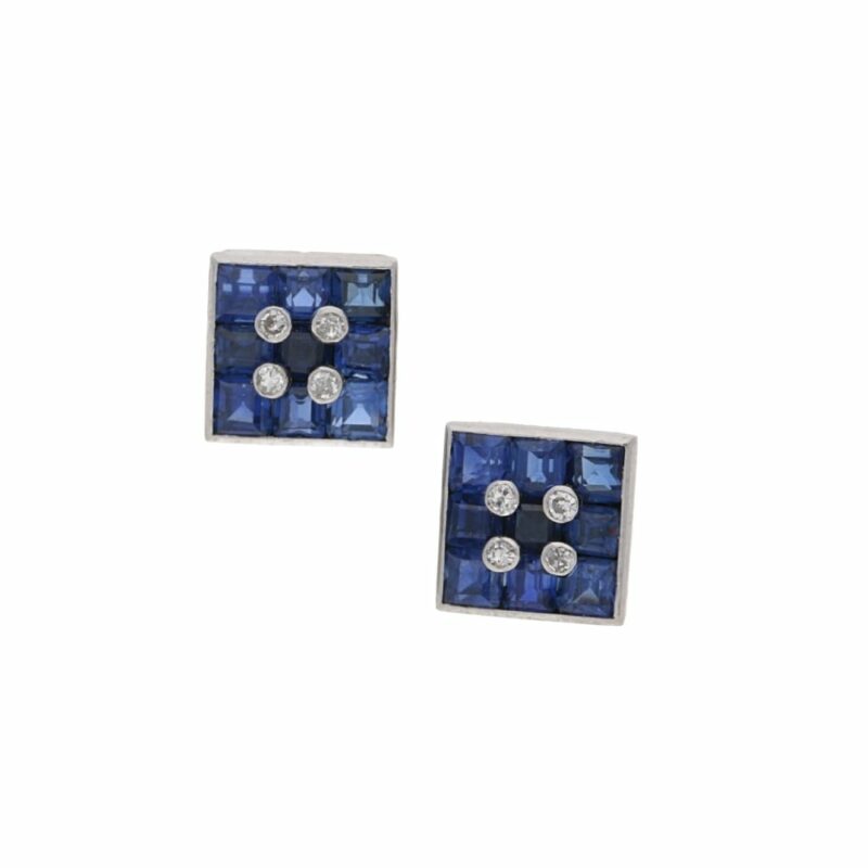 Sapphire and Diamond Square Button Stud Earrings