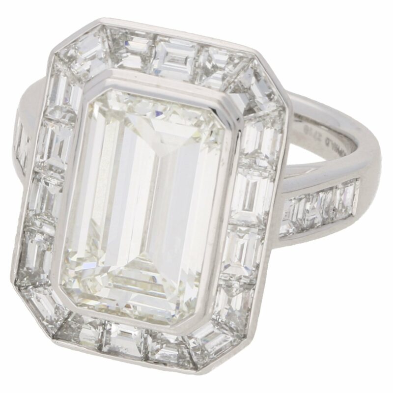 4.13ct Deco style emerald cut diamond ring