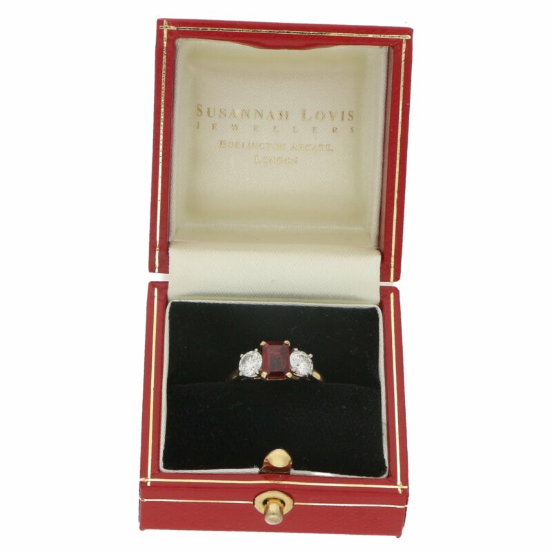 18ct gold ruby diamond three stone engagement ring