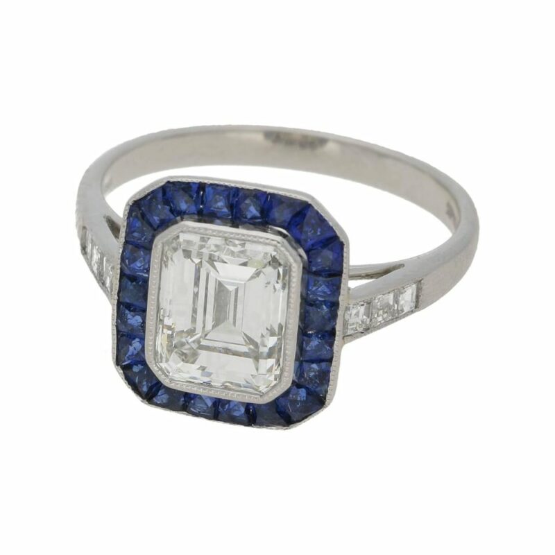 Emerald Cut Diamond and Sapphire Target Engagement Ring Platinum