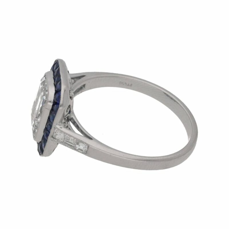 Emerald Cut Diamond and Sapphire Target Engagement Ring Platinum