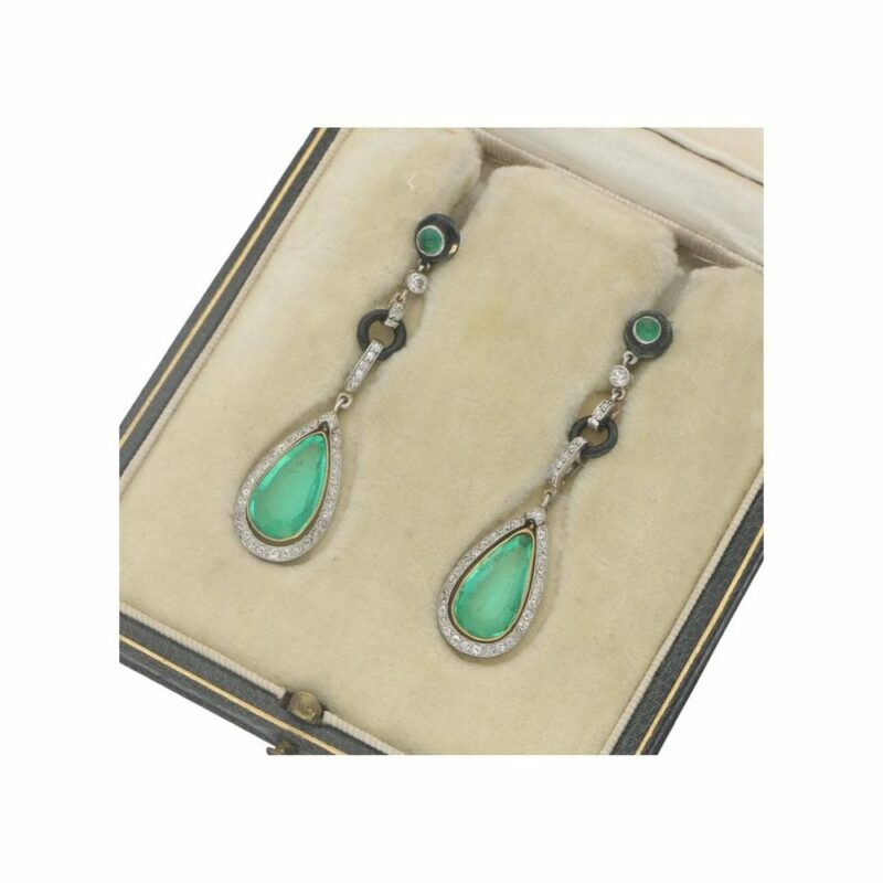 Art Deco Colombian Emerald, Diamond, and Enamel Drop Earrings