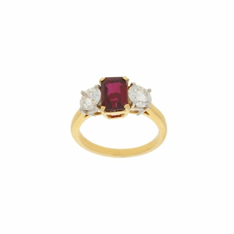 18ct gold ruby diamond three stone engagement ring