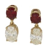 18ct gold oval diamond ruby drop earrings