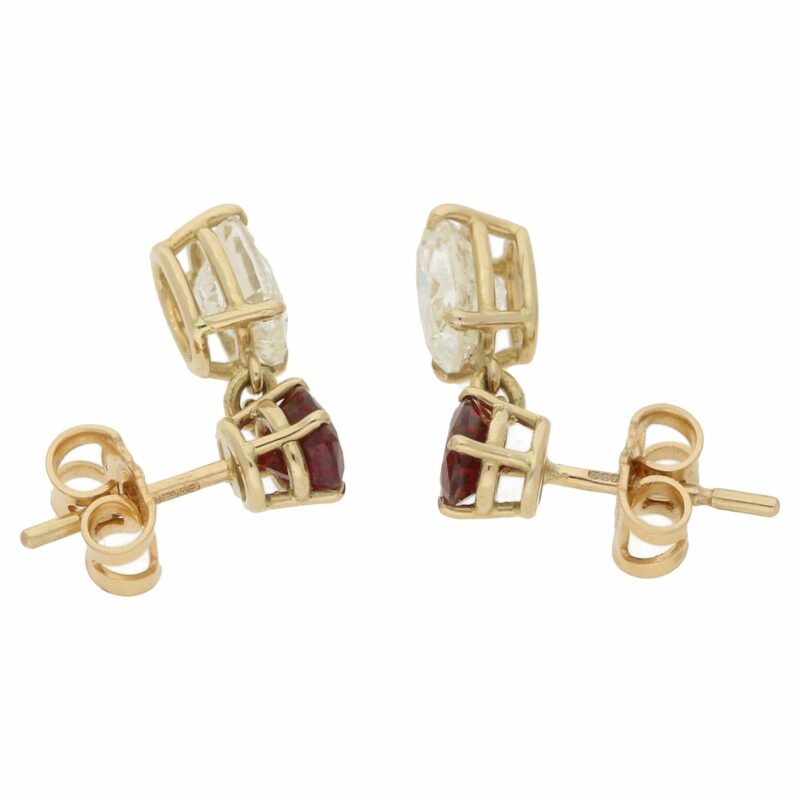 18ct gold oval diamond ruby drop earrings