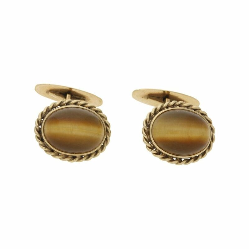 14ct gold rope work cabochon tiger's eye cufflinks