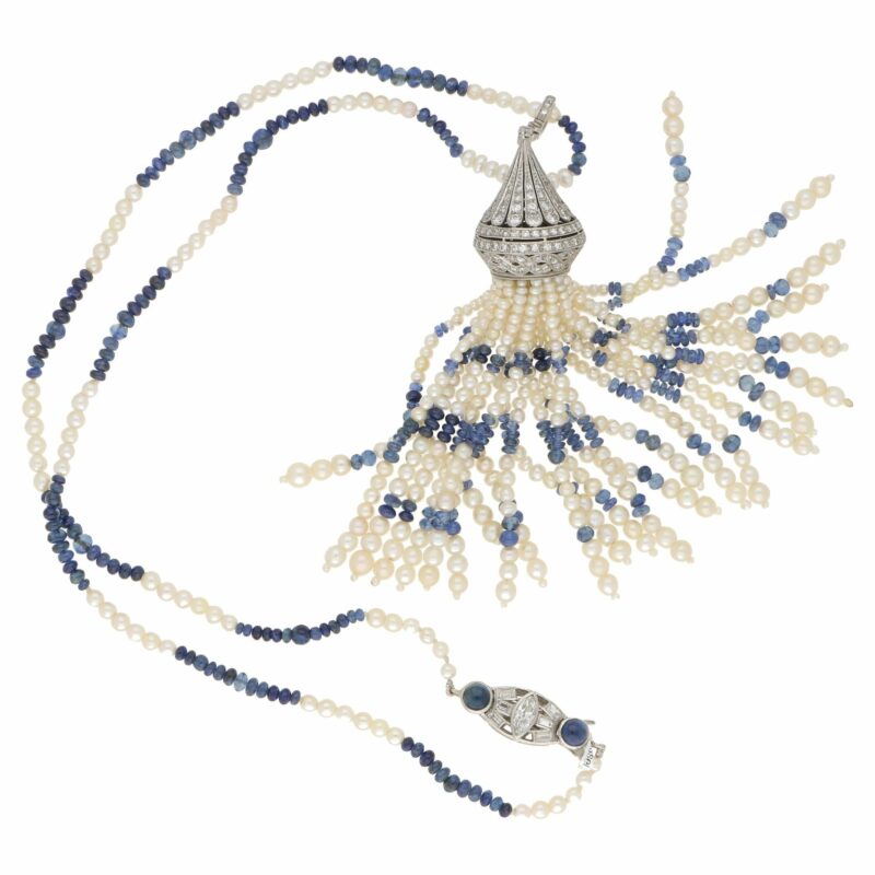 Art Deco Pearl, Sapphire and Diamond Tassel Necklace in Platinum