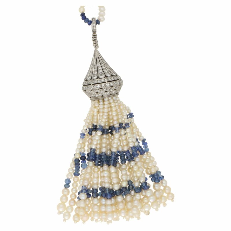 Art Deco Pearl, Sapphire and Diamond Tassel Necklace in Platinum