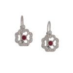 18ct white gold diamond ruby clover drop earrings