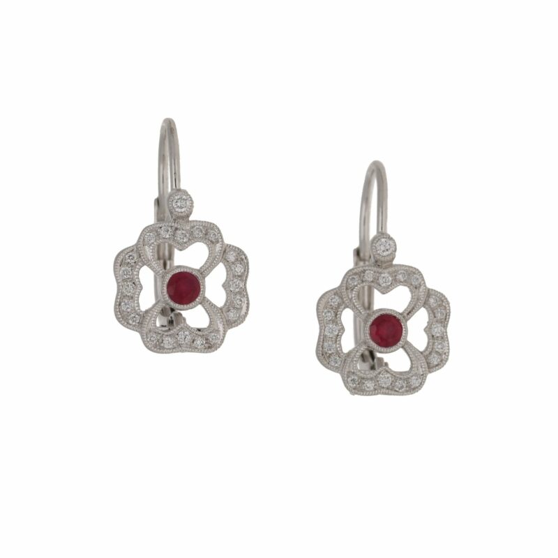 18ct white gold diamond ruby clover drop earrings