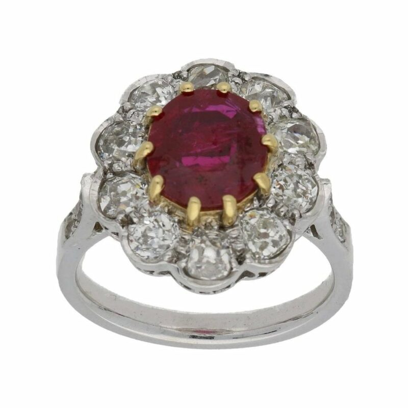 Edwardian style ruby and diamond cluster ring