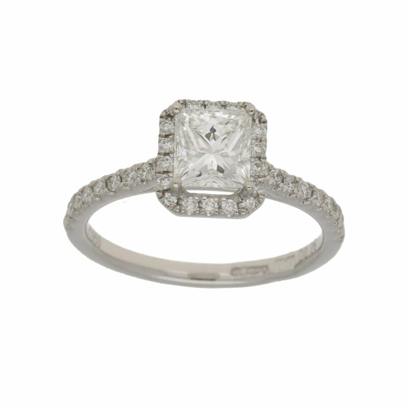 Princess-cut diamond halo ring in platinum